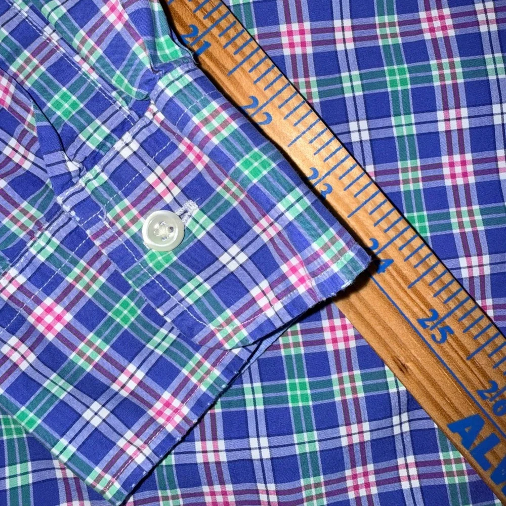 Polo Ralph Lauren Mens Medium Blue Green Pink Plaid‎ Cotton Stretch Shirt M